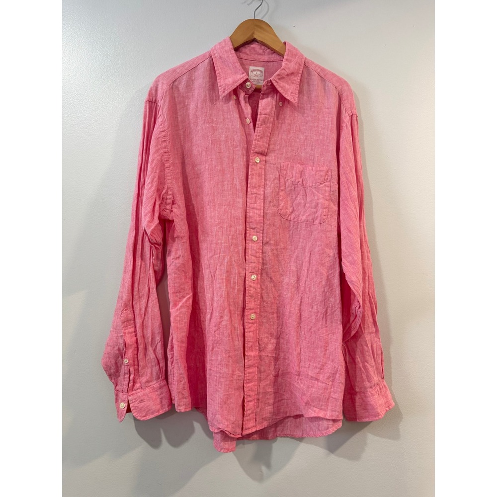 Brooks Brothers 346 Mens Pink 100% Linen Button Down Shirt Large Long Sleeve